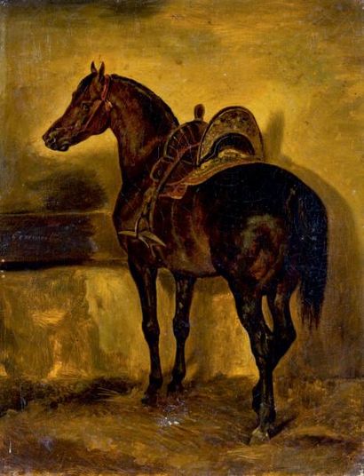 Suite de Théodore GÉRICAULT (1791-1824) 
Cheval à l'écurie
Huile sur toile.
37 x... Gazette Drouot