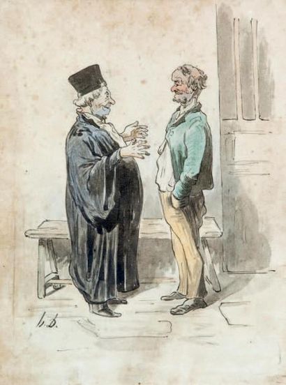D'après Honoré DAUMIER (1808-1879) 
Personnages
Deux dessins aquarellés.
Monogrammés...