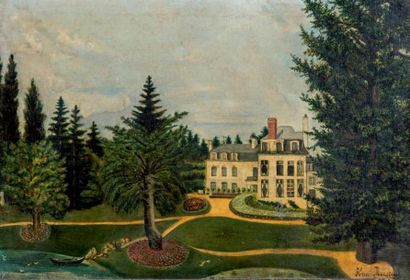 Dans le goût du DOUANIER ROUSSEAU (1844-1910) 
Maison dans parc
Huile sur toile.
Porte...