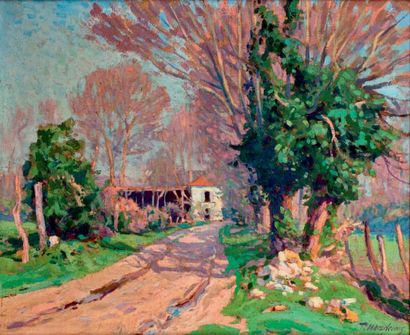 PAUL MADELINE (1863-1920) 
Sur le chemin
Huile sur toile.
Signée et datée 1918 en...