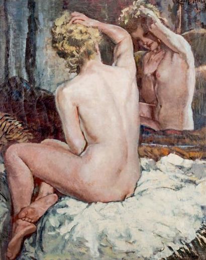 Alméry LOBEL-RICHE (1880-1950) 
Nu blond au miroir
Huile sur toile.
Signée en haut...