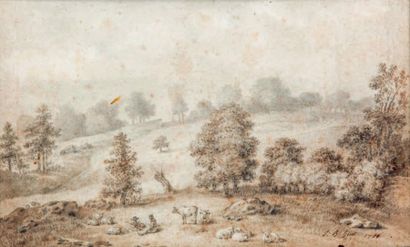 Dans le goût de Jean-Baptiste HUET (1745-1811) 
Paysage aux bergers
Dessin.
Signé...