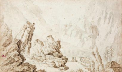 Jean PILLEMENT (1728-1808) 
Paysage rocheux
Lavis brun. Apocryphe BG.
22 x 35 cm