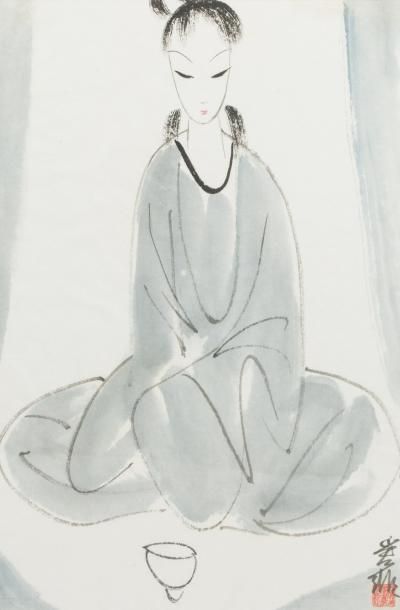 LI AIWEI (né en 1932) Femme en méditation
Encre signée du cachet en bas à droite.
32,5...