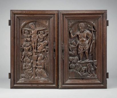 null DEUX PORTES de CRÉDENCES:
La crucifixion et la résurrection du Christ. Bois.
En...