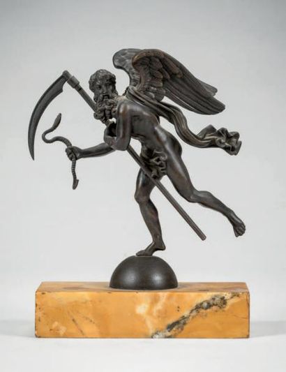 null ÉPREUVE en bronze à patine brune représentant
Saturne tenant sa faux, représenté...