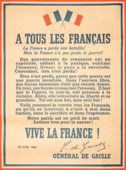 GÉNÉRAL DE GAULLE Affiche de l'appel «À tous les Français»
Affiche en papier destinée...
