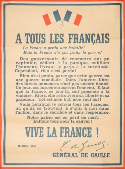 GÉNÉRAL DE GAULLE Affiche de l'appel «À tous les Français»
Affiche en papier destinée...