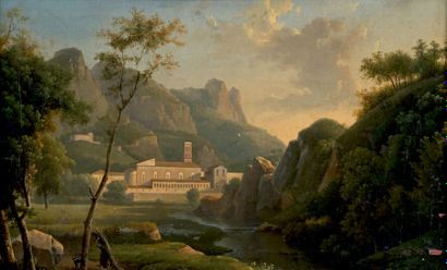 Attribué à Alexandre Hyacinthe DUNOUY (1751-1841) Monastère dans un paysage
Toile.
Monogrammé...