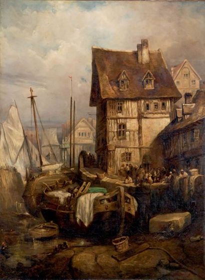 D'après Jean-Baptiste ISABEY (1804-1886) Voiliers et barques à quai
Huile sur toile.
Porte...