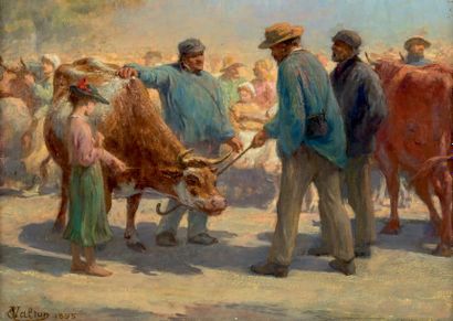 Edmond Eugène VALTON (1836-1910) Le marché aux bestiaux
Huile sur panneau signée...