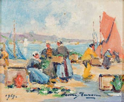Henri BURON (1880-1969) Marché sur le port breton
Huile sur carton signée bas droite...