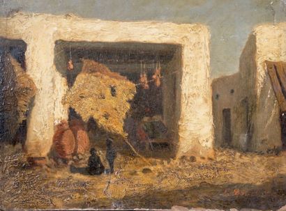 Attribué à Louis MOUCHOT (1830-1891) Enfants à l'entrée d'une échoppe
Huile sur panneau,...