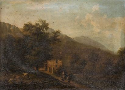 École Française du XIXe siècle Chaumière et paysannes dans un paysage de montagne
Toile.
24,5...