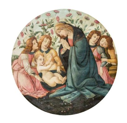 École ITALIENNE du XIXe siècle, d'après Sandro BOTTICELLI La Vierge adorant l'Enfant...