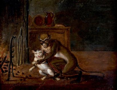 École FLAMANDE de XIXe siècle Deux singes dans un intérieur
Panneau, une planche,...