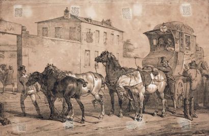 École FRANÇAISE du XIXe SIÈCLE, suiveur d'Horace Vernet Le changement de chevaux...
