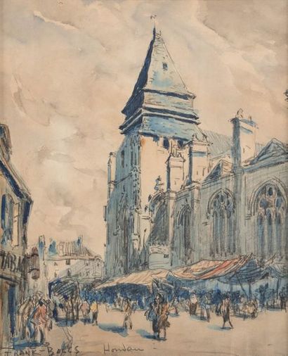 FRANK-BOGGS (1855-1926) 
Église d'Houdan
Aquarelle signée en bas à gauche.
40 x 32...