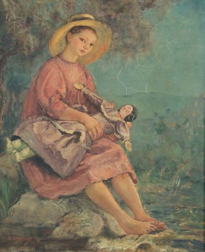Émile WERY (1868-1935) 
Enfant avec sa poupée
Huile sur panneau.
50 x 60 cm