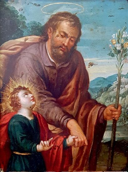 École Flamande du XVIIe siècle 
Saint Joseph et l'enfant Jésus
Cuivre.
19 x 14 c...