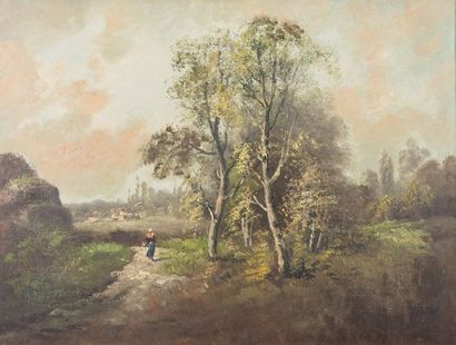 École Française style Barbizon 
Femme dans un paysage
Huile sur toile.
40 x 53 c...