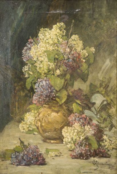 Ecole Française vers 1900 
Bouquet de lilas
Huile sur toile.
Trace de signature en...