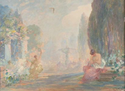 Gabriel GRIFFON (1866-1938) 
Femmes au jardin avec fontaine
Huile sur toile signée...