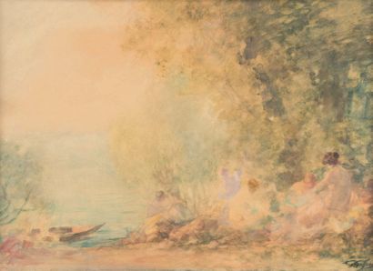 Gabriel GRIFFON (1866-1938) 
Femmes au bord de l'eau (à droite)
Aquarelle signée...