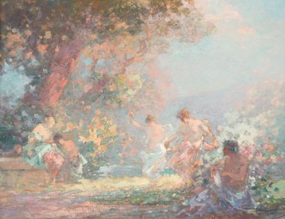 Gabriel GRIFFON (1866-1938) 
Personnages dansant dans un jardin
Huile sur toile signée...