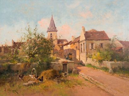 E. GALIANY dit EUGÈNE GALIEN-LALOUE (1854-1941) Poules à l'entrée du village de Chérence...