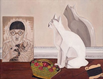 Edwige DE LA BROSSE (XXe siècle) Chat regardant le portrait de Foujita, 1984
Huile...
