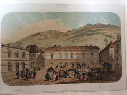 null Lot de 14 gravures XIXe siècle sur les stations thermales en Auvergne: Mont...