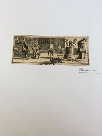 null Lot de 15 gravures en noir du XVIIIe et XIXe siècle sur le thème de la pharmacie....