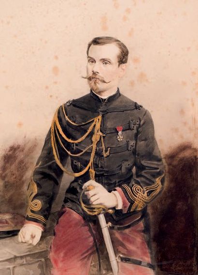 ECOLE FRANCAISE DU XIXème siècle Portrait d'officier français 
Aquarelle. Trace de...