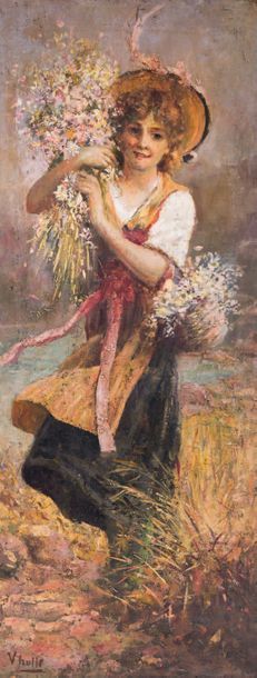 Vincenzo IROLLI (1860-1942/49) Jeune fille aux fleurs
Huile sur toile signée en bas...