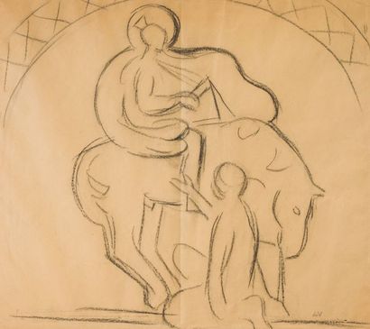 null Louis VALTAT (1869-1952)
Personnages et cheval
Crayon noir sur papier, monogrammé...