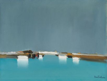 null Pierre DOUTRELEAU (1938)
"Vue de rivage, Aigues Mortes". 
Huile sur toile signée...