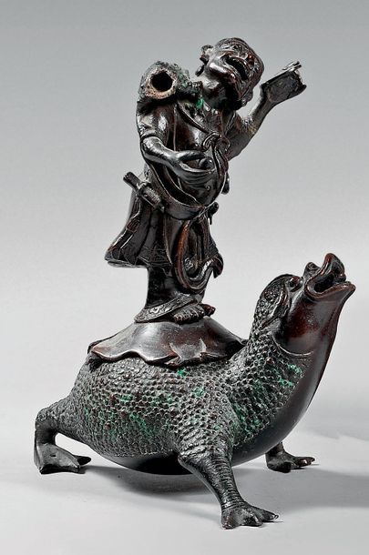 CHINE - XIXe siècle 
Brûle-parfum en bronze à patine brune représentant
Li Tieguai...
