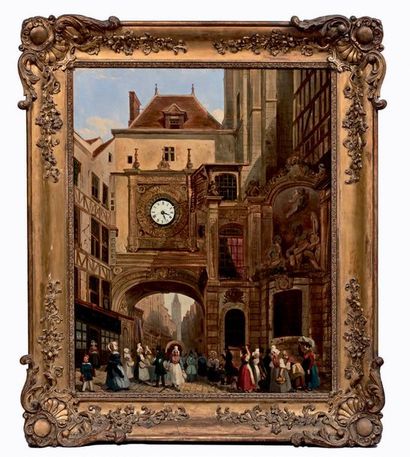 École du XIXe siècle Rouen, la rue du Gros Horloge Tableau à musique. Huile sur toile....