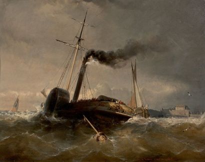 Eugène le POITTEVIN (1806 - 1870) Le bateau à vapeur du Havre
Huile sur toile, signée...
