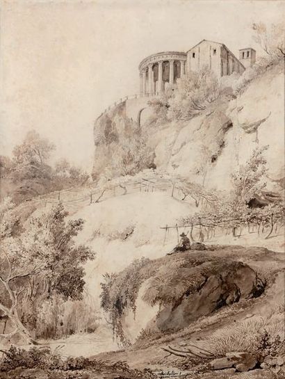 Achille Etna MICHALLON (1796-1822) Le temple de la Sybille à Tivoli
Lavis sépia,...