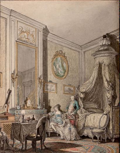 Attribué à Louis-Michel MOREAU dit le Jeune (1741-1814) L'amie complaisante
Plume...