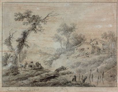 Jean PILLEMENT (1728-1808) Paysage animé avec paysans et chèvre
Pierre noire avec...