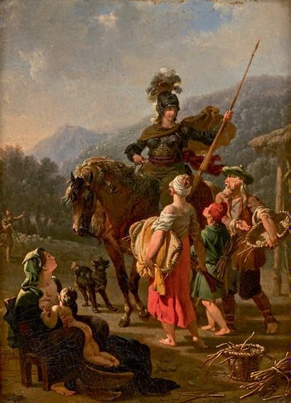 Nicolas-antoine Taunay (1755-1830) Herminie chez les bergers
Huile sur panneau, signée...