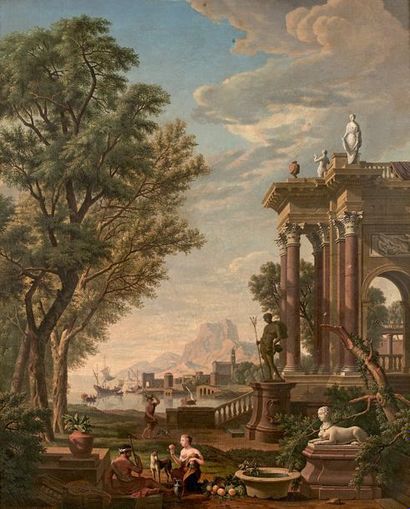 Isaac de MOUCHERON (1670-1744) Le portique
Huile sur toile, au verso cachet à la...