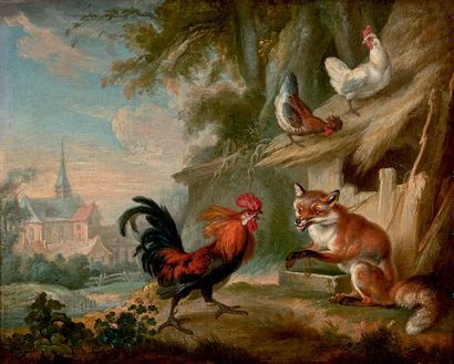 École FRANÇAISE du XVIIIe siècle Le coq et le renard
Huile sur toile, porte une signature...