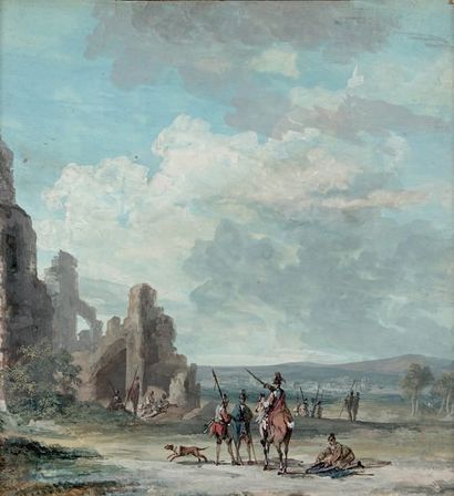 Louis-Gabriel MOREAU (1740-1808) Militaires devant des ruines
Gouache.
14 x 12,8...