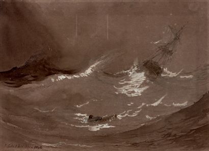 Théodore GUDIN (1802-1880) Dans la vague
Lavis de sépia, rehauts de gouache blanche,...