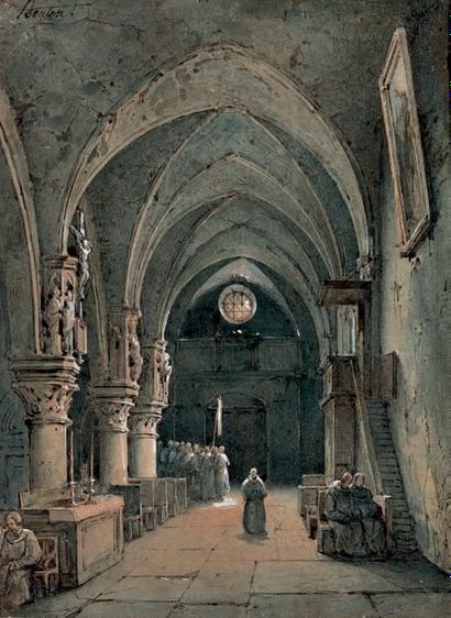 Charles-Marie BOUTON (1781-1953) Procession dans une église
Aquarelle, signée en...