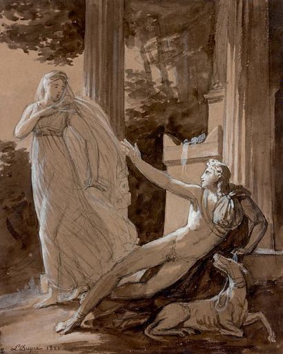 Louis DUPRE (1789-1837) Vénus et Adonis ?
Crayon, lavis brun et rehauts de blanc,...